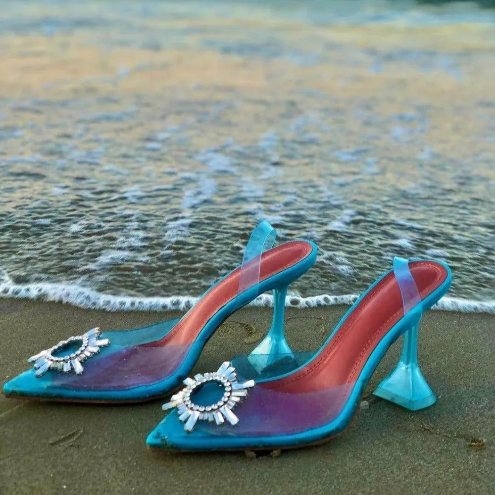 Color Cinderella Pointed Toe Light Blue Crystal Brooch Heels