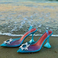 Color Cinderella Pointed Toe Light Blue Crystal Brooch Heels