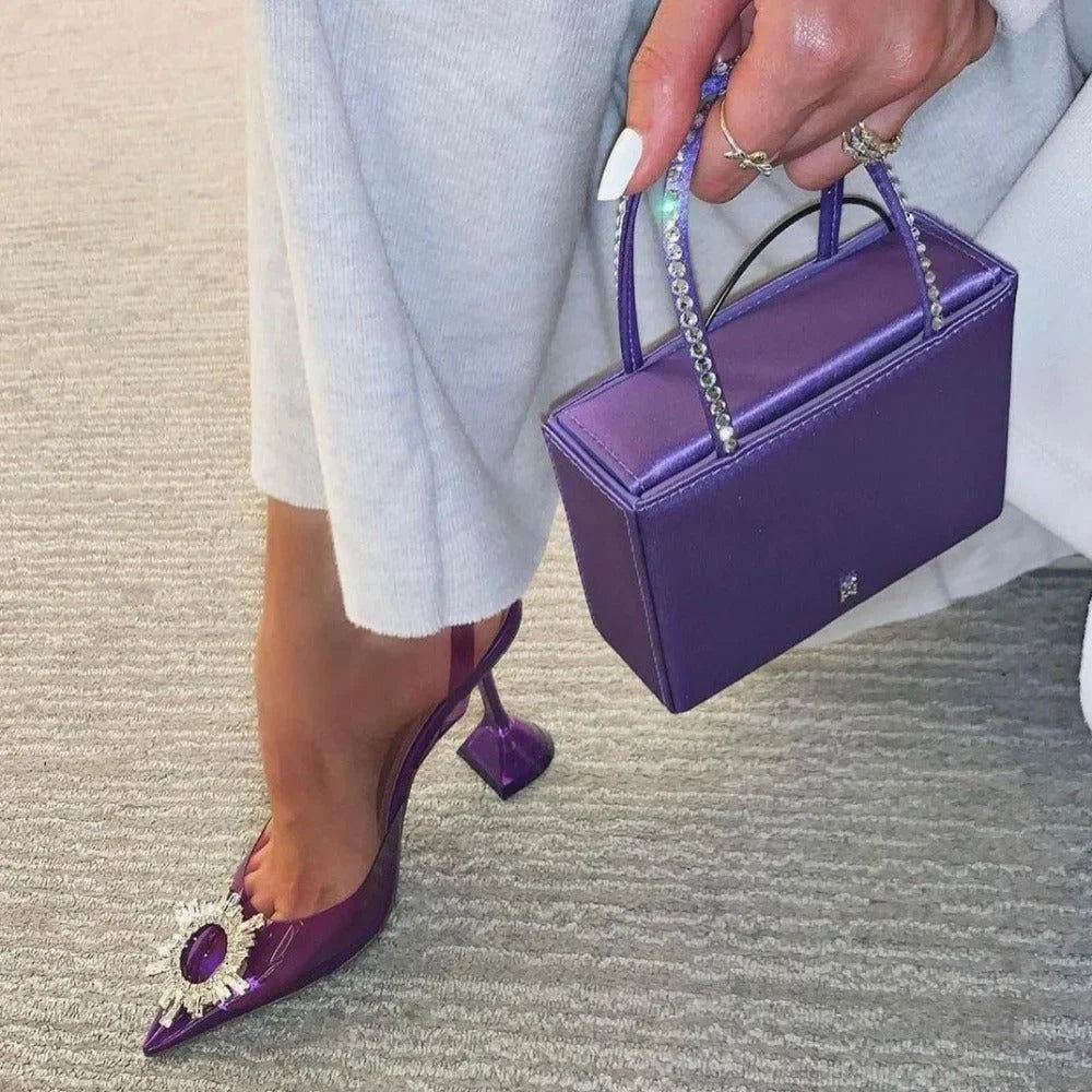 Color Cinderella Pointed Toe Enchanting Purple Crystal Brooch Heels