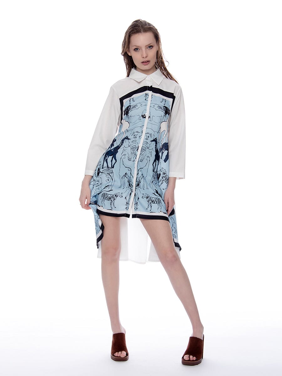 Contrast Graphic Loose Fit Asymmetric Shirt Dress