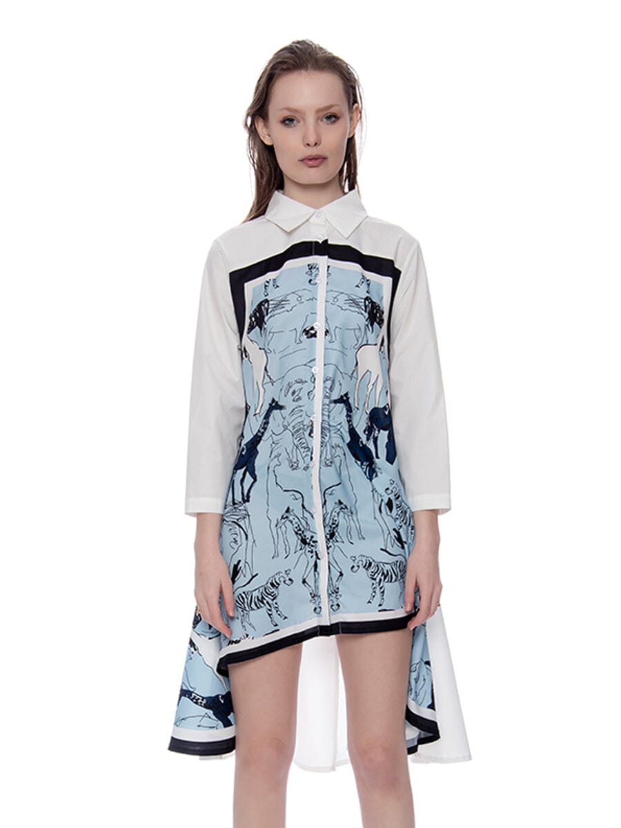 Contrast Graphic Loose Fit Asymmetric Shirt Dress