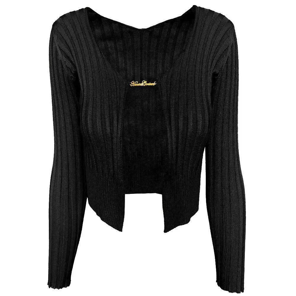 Cosmopolitan Black Ribbed Knit Chain Detail Top