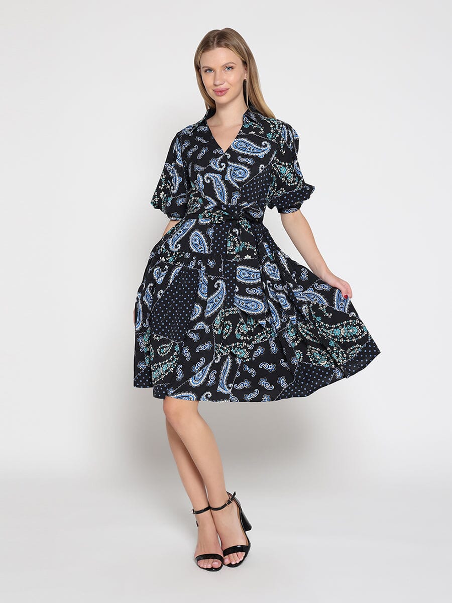 Cotton Printed Puffed Sleeve Belt Dress