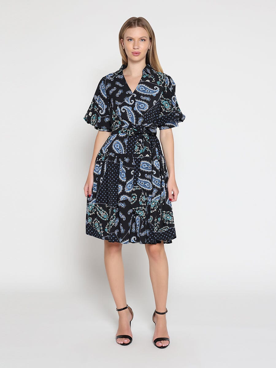 Cotton Printed Puffed Sleeve Belt Dress