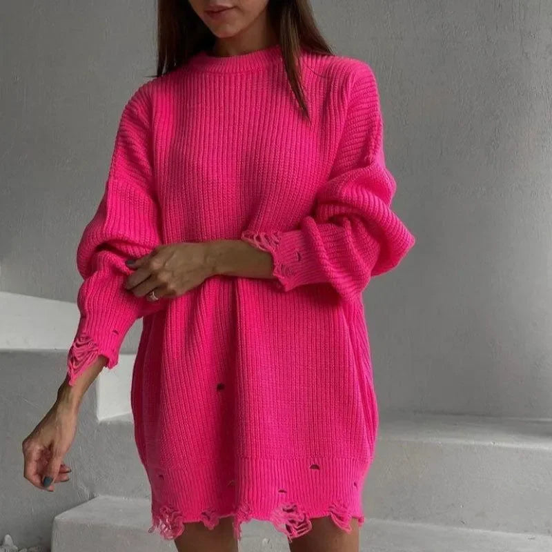 Cover Girl Hot Pink Broken Solid Color Loose Sweater