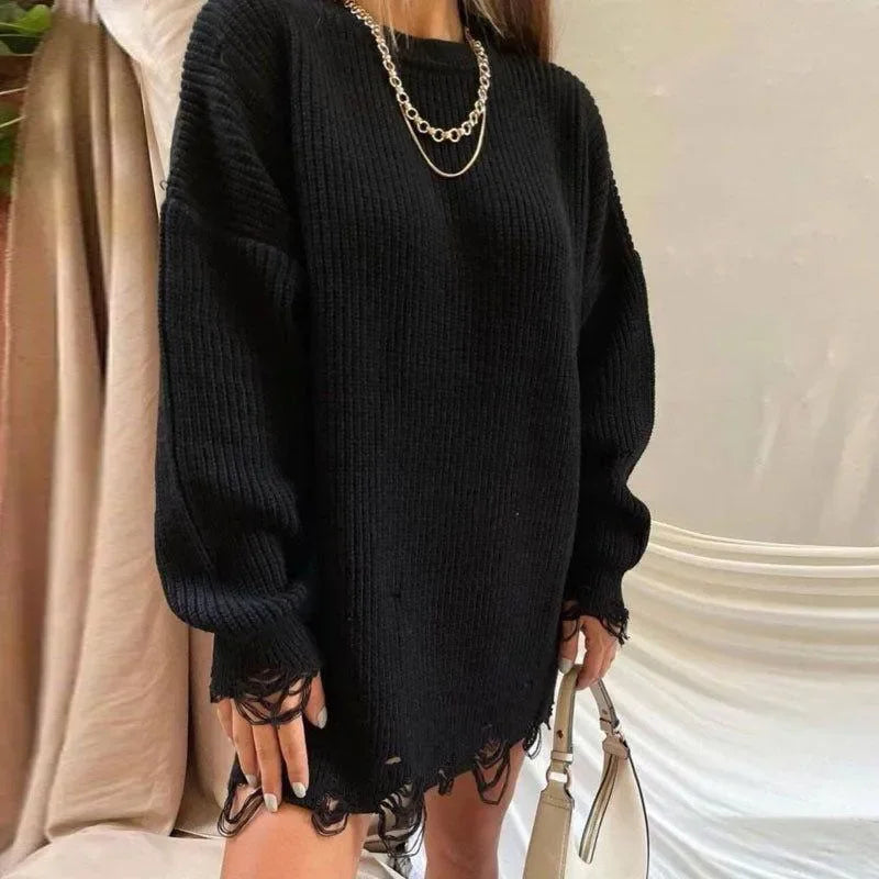 Cover Girl Black Broken Solid Color Loose Sweater