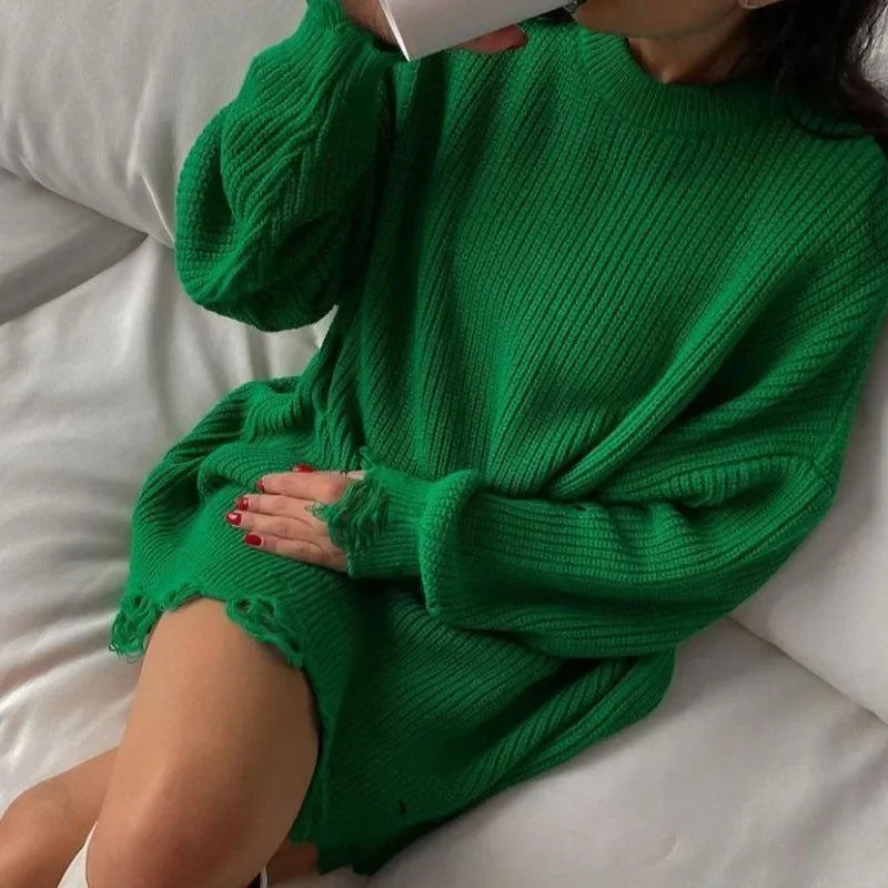 Cover Girl Green Broken Solid Color Loose Sweater