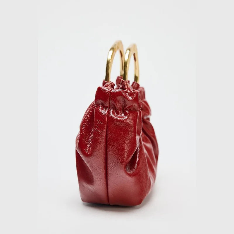 Crimson Aura Ruched Leather Handbag