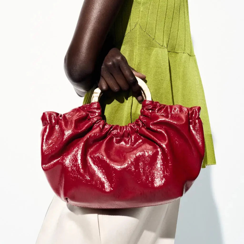 Crimson Aura Ruched Leather Handbag