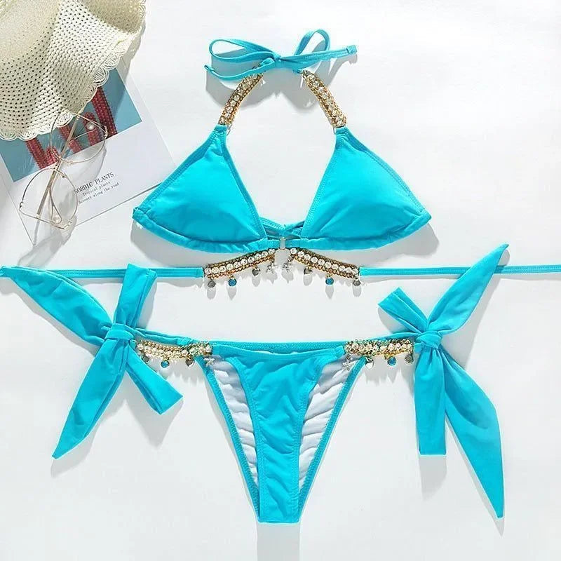 Crystal Rhinestone Blue Halter Bikini