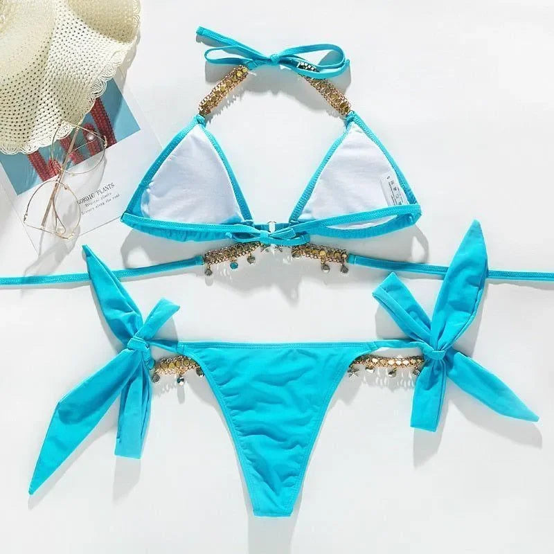 Crystal Rhinestone Blue Halter Bikini
