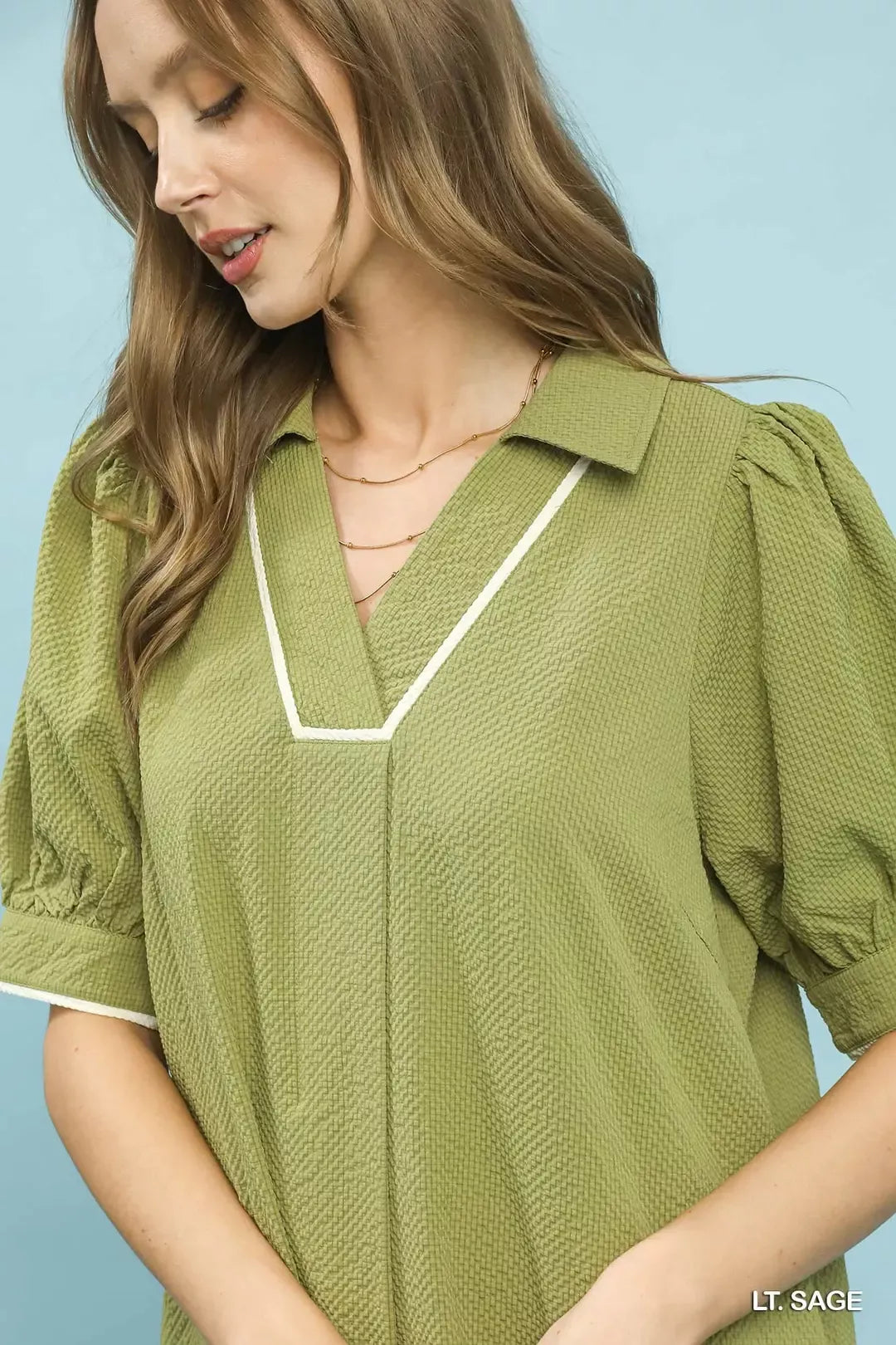 Light Sage Seersucker Midi Dress with Contrast Piping Trim