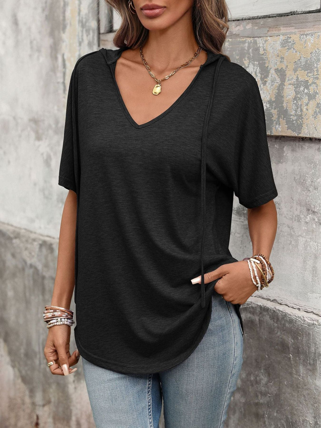 Women's Casual Short Sleeve V-Neck Hooded T-Shirt in Purple