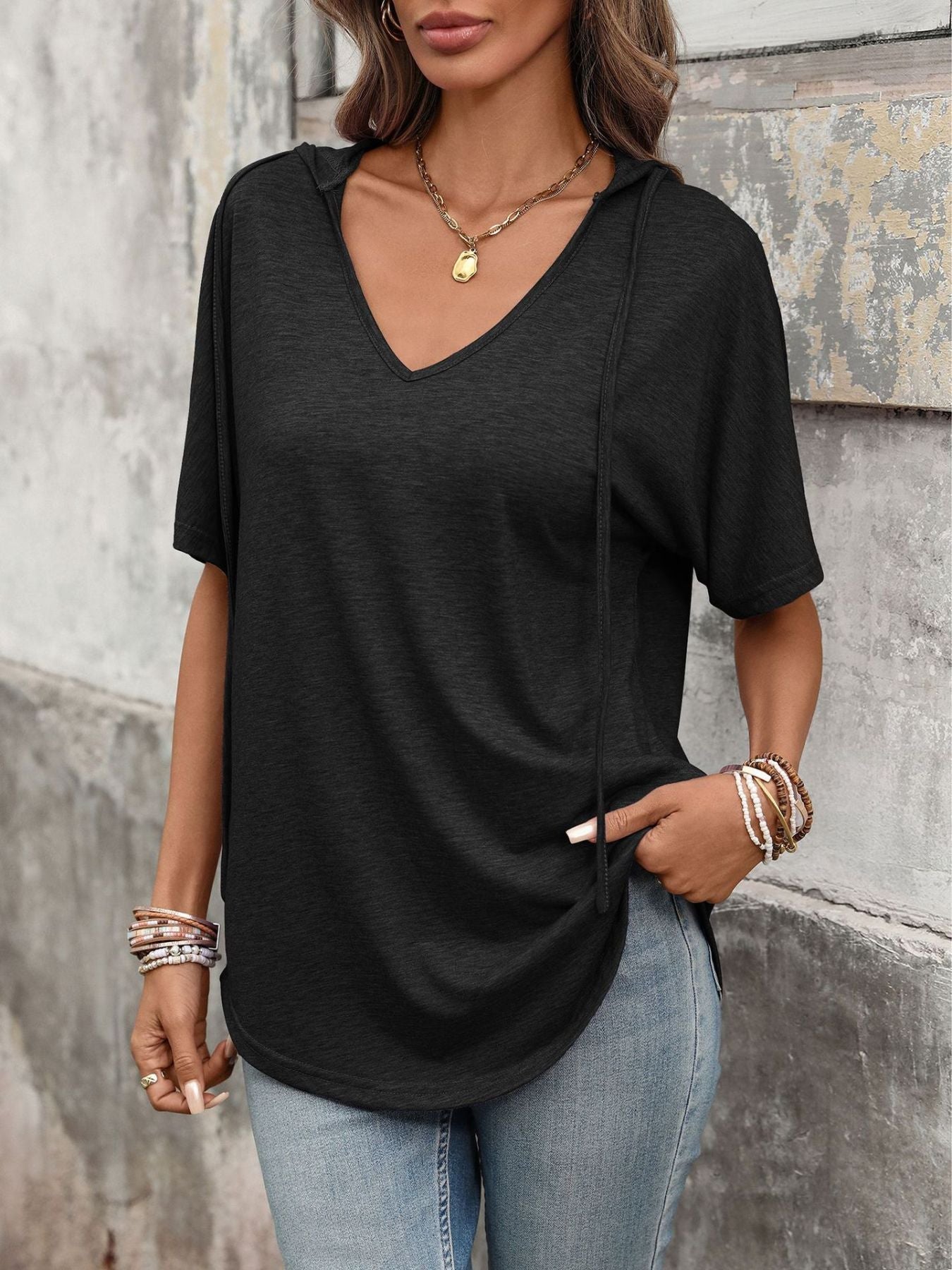 Women's Casual Short Sleeve V-Neck Hooded T-Shirt in Purple