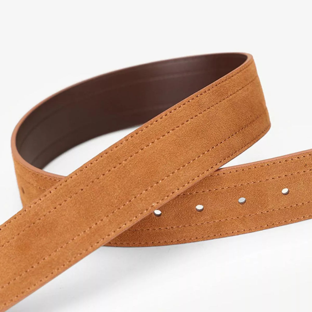 Wide Tan Suede Leather Belt with Gold Tone Oval Buckle