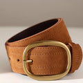Wide Tan Suede Leather Belt with Gold Tone Oval Buckle