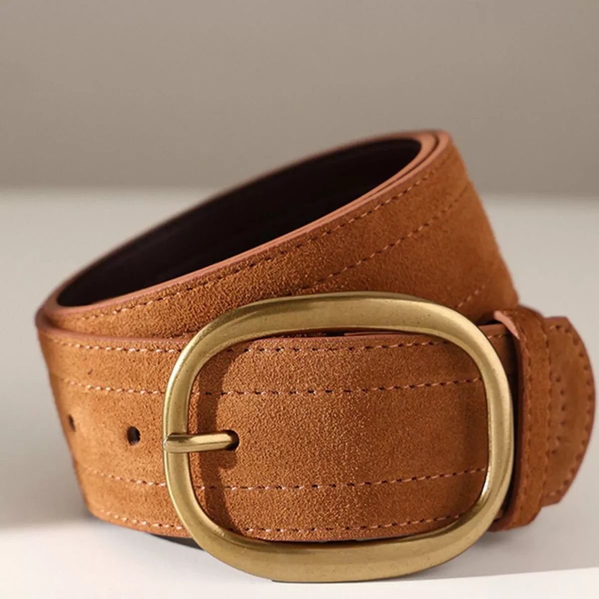 Wide Tan Suede Leather Belt with Gold Tone Oval Buckle