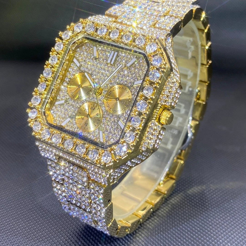 Men's Watch Square-shaped Fully Diamond-encrusted Multi-functional