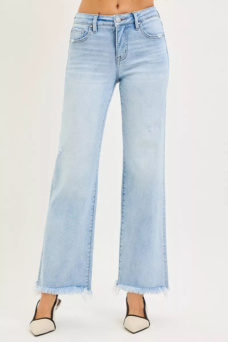 RISEN Tummy Control Jeans For Women Mid Rise Ankle Straight Fray Hem Flattering Comfortable Fit
