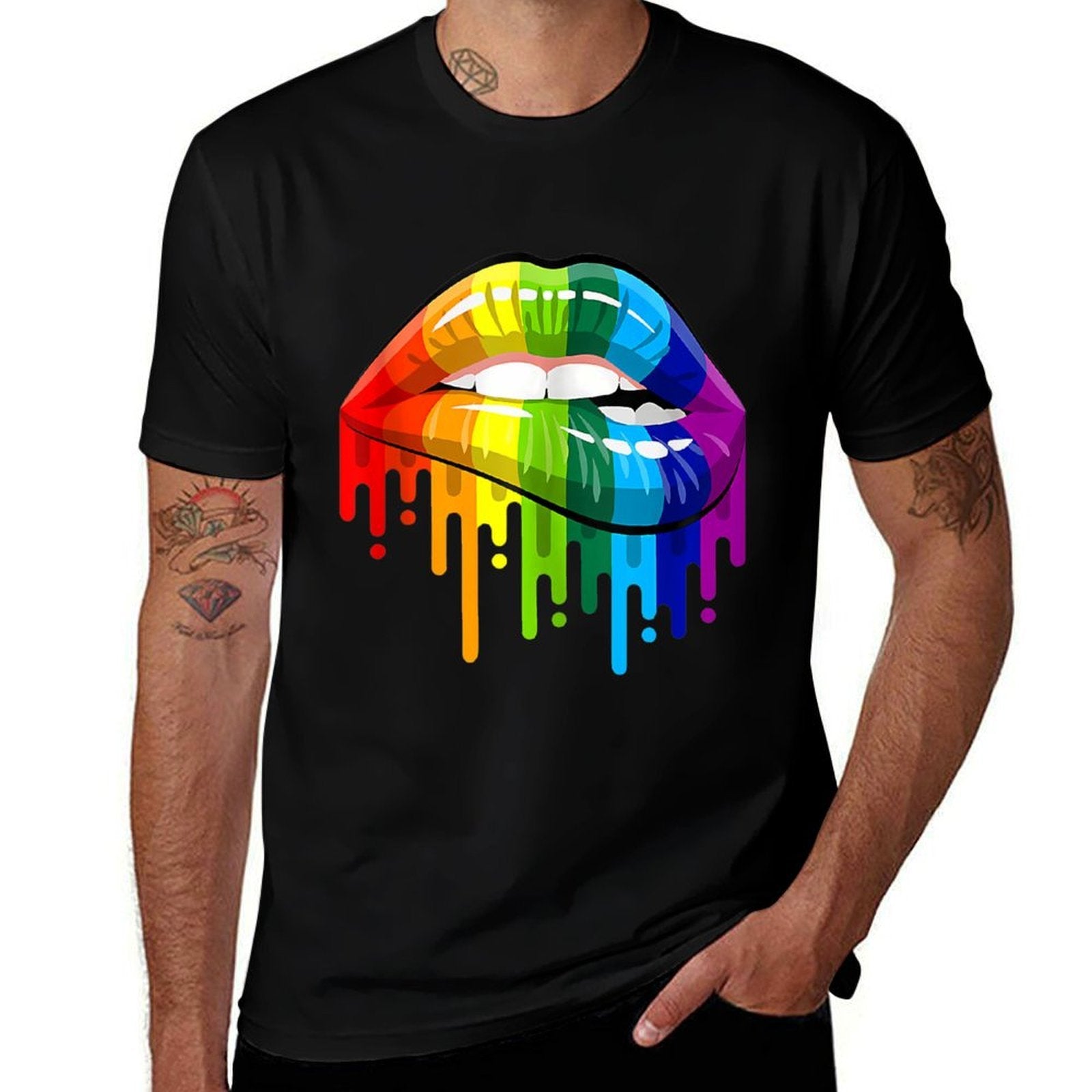 LGBT Rainbow Lip Gay Pride Funny Sexy Cool Lesbian Pride  Rolled Sleeves T-Shirt