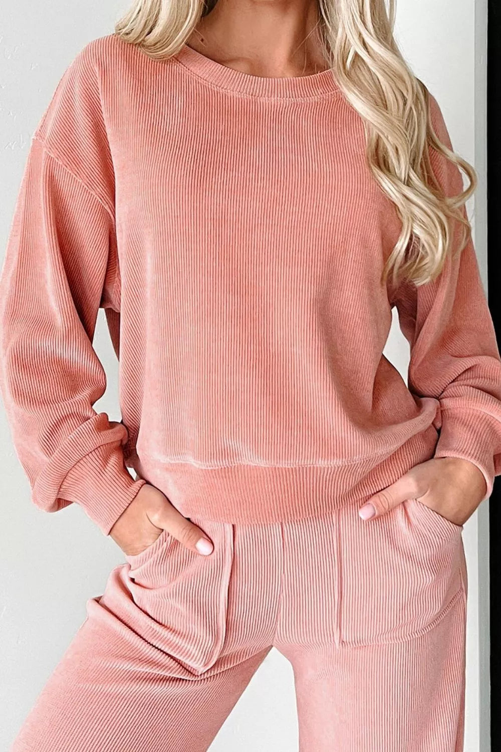 Women's Ribbed Round Neck Two-Piece Lounge Set with Pockets