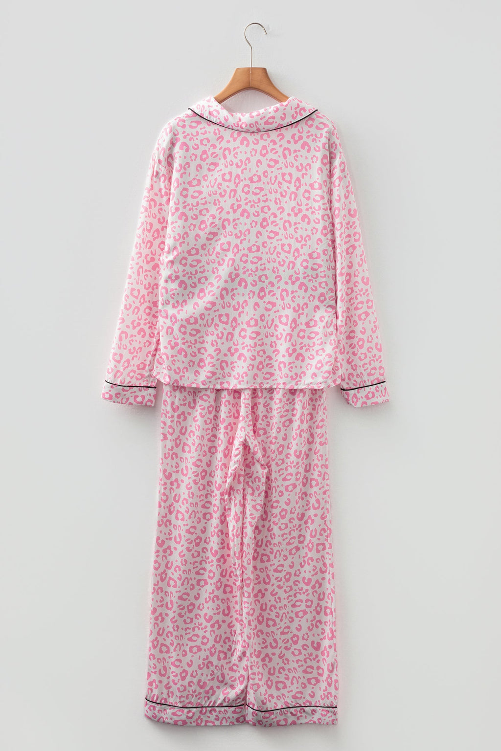 Pink Leopard Print Long Pajama Set – Lapel Button Front Top & Elastic Pants