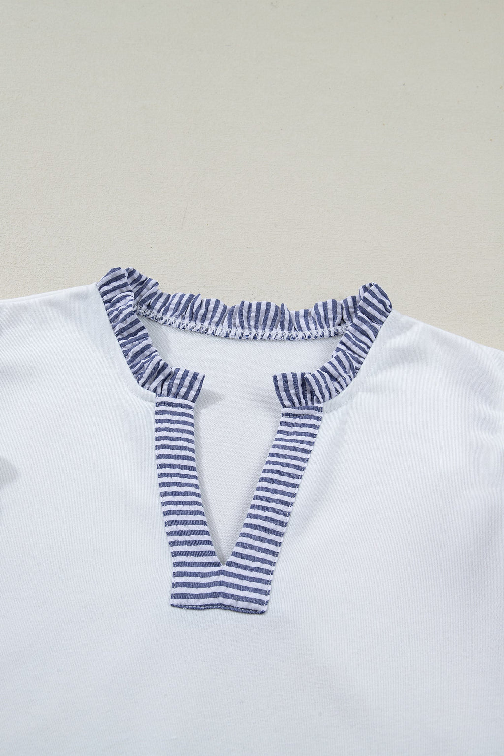 White Contrasted Striped Patchwork Split Neck Ruffle Trim Sleeveless Dress