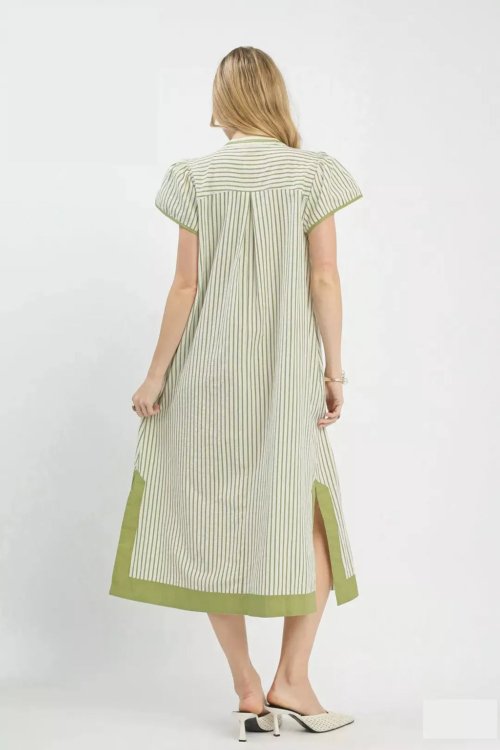 Green Stripe Midi Dress with Embroidered Floral Detail