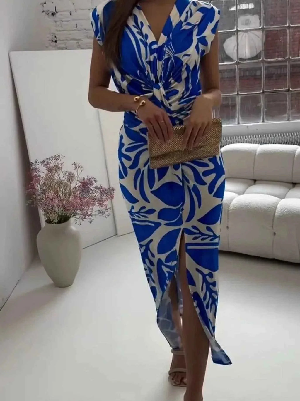 Full Size Slit Printed V-Neck Midi Dress for Plus Size Women - Stylish Plus Size Midi Dress