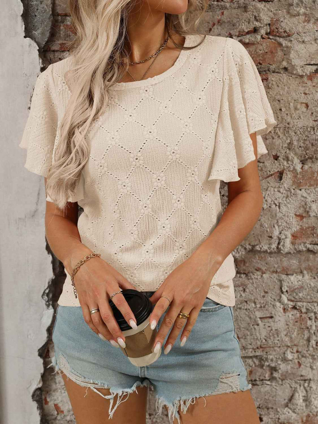 Eyelet Flutter Sleeve Round Neck Top