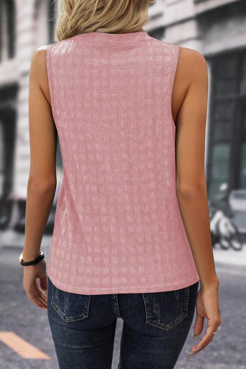 Sleeveless Top - Textured Split V Neck Women's Blouse
