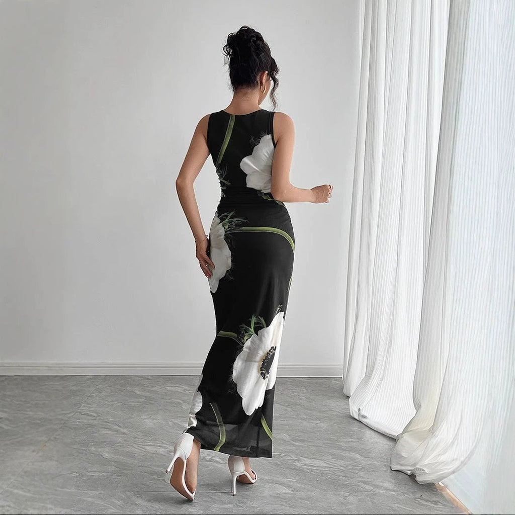 Women's Black Mesh Floral Print Sleeveless Dress Long Dress