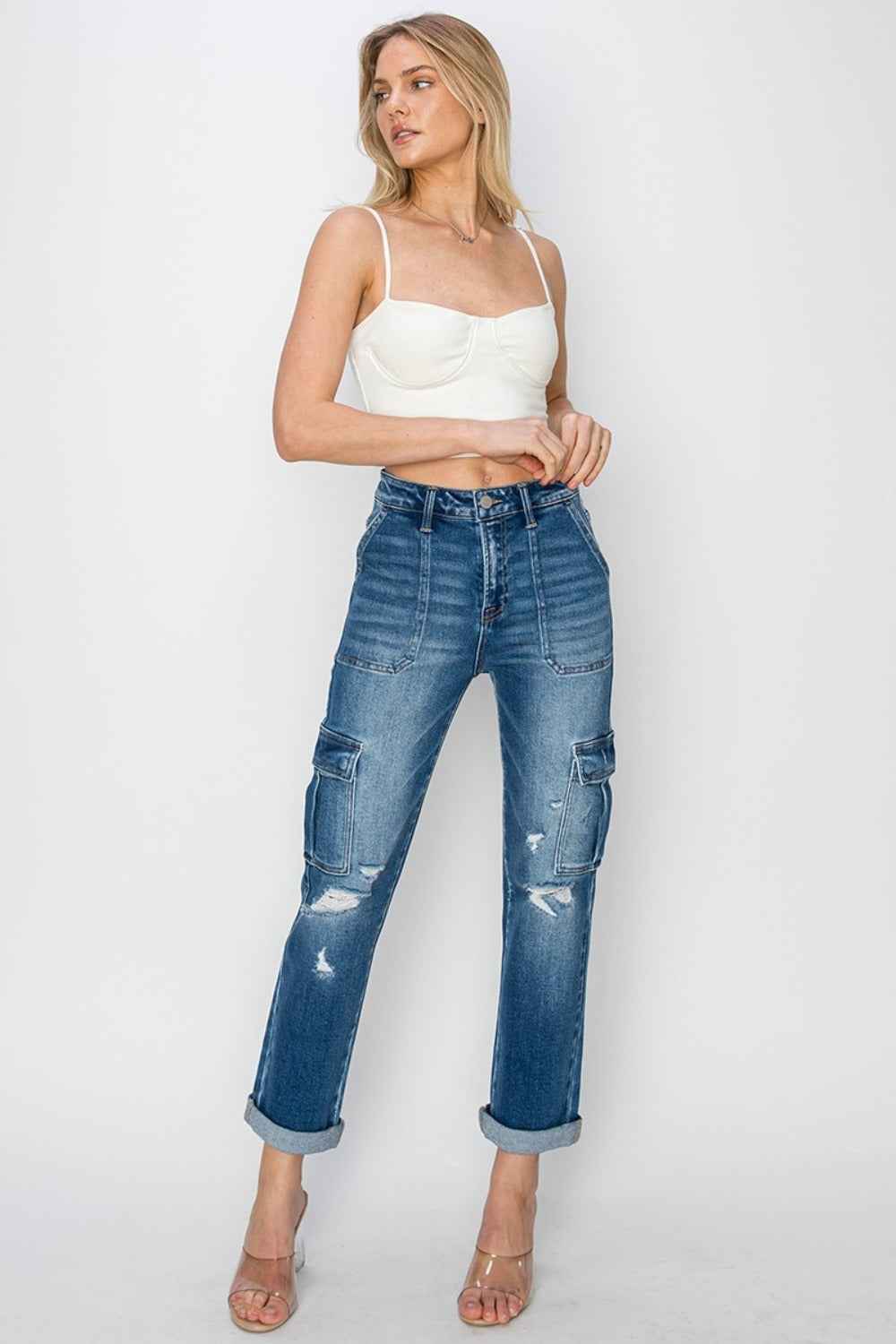RISEN High Rise Cargo Straight Leg Jeans