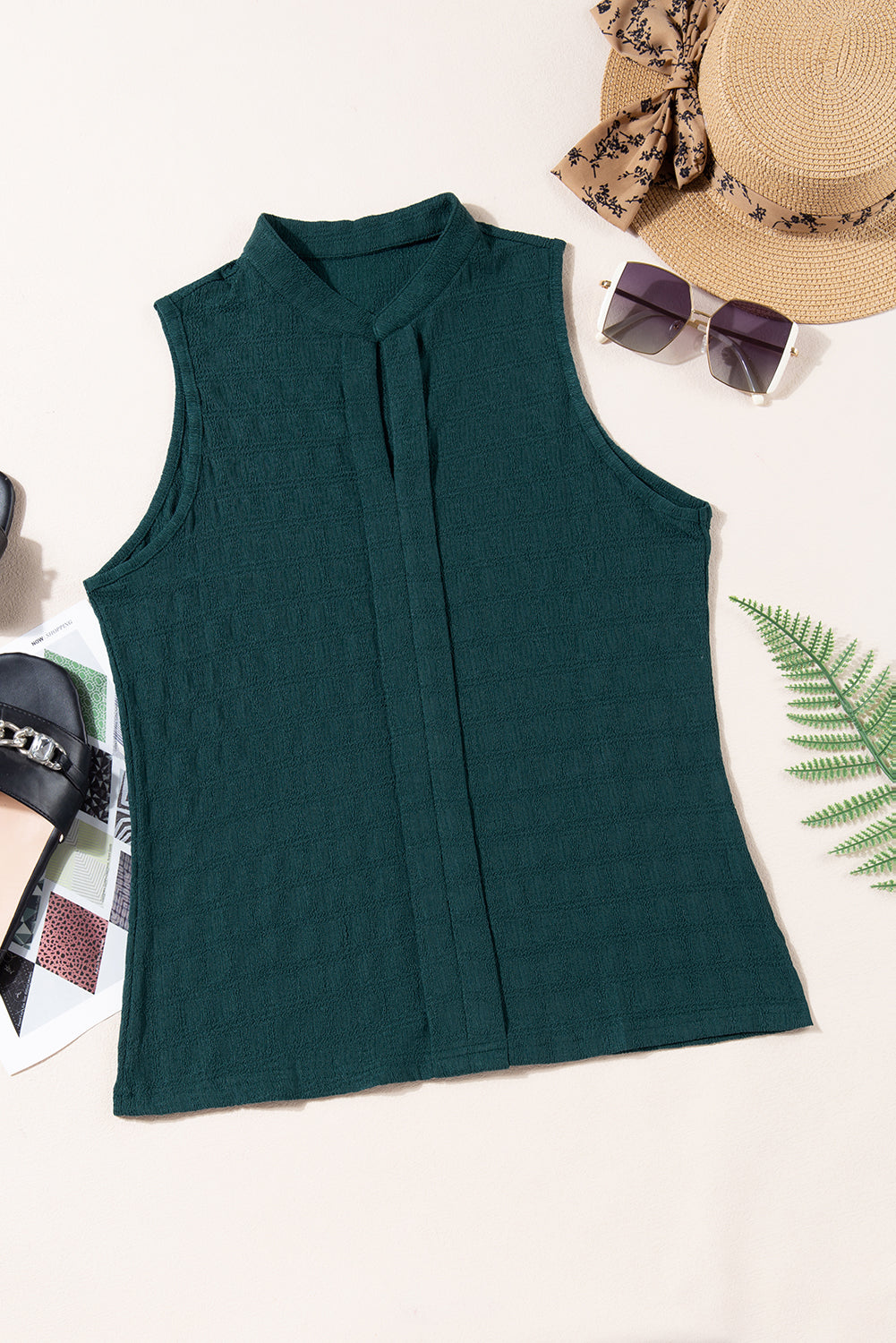 Sleeveless Top - Textured Split V Neck Women's Blouse