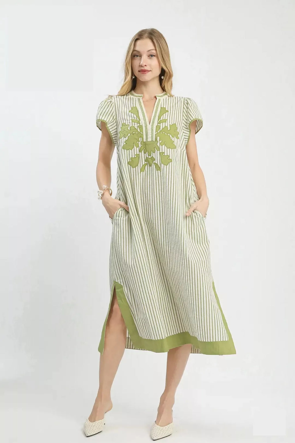 Green Stripe Midi Dress with Embroidered Floral Detail
