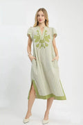 Green Stripe Midi Dress with Embroidered Floral Detail