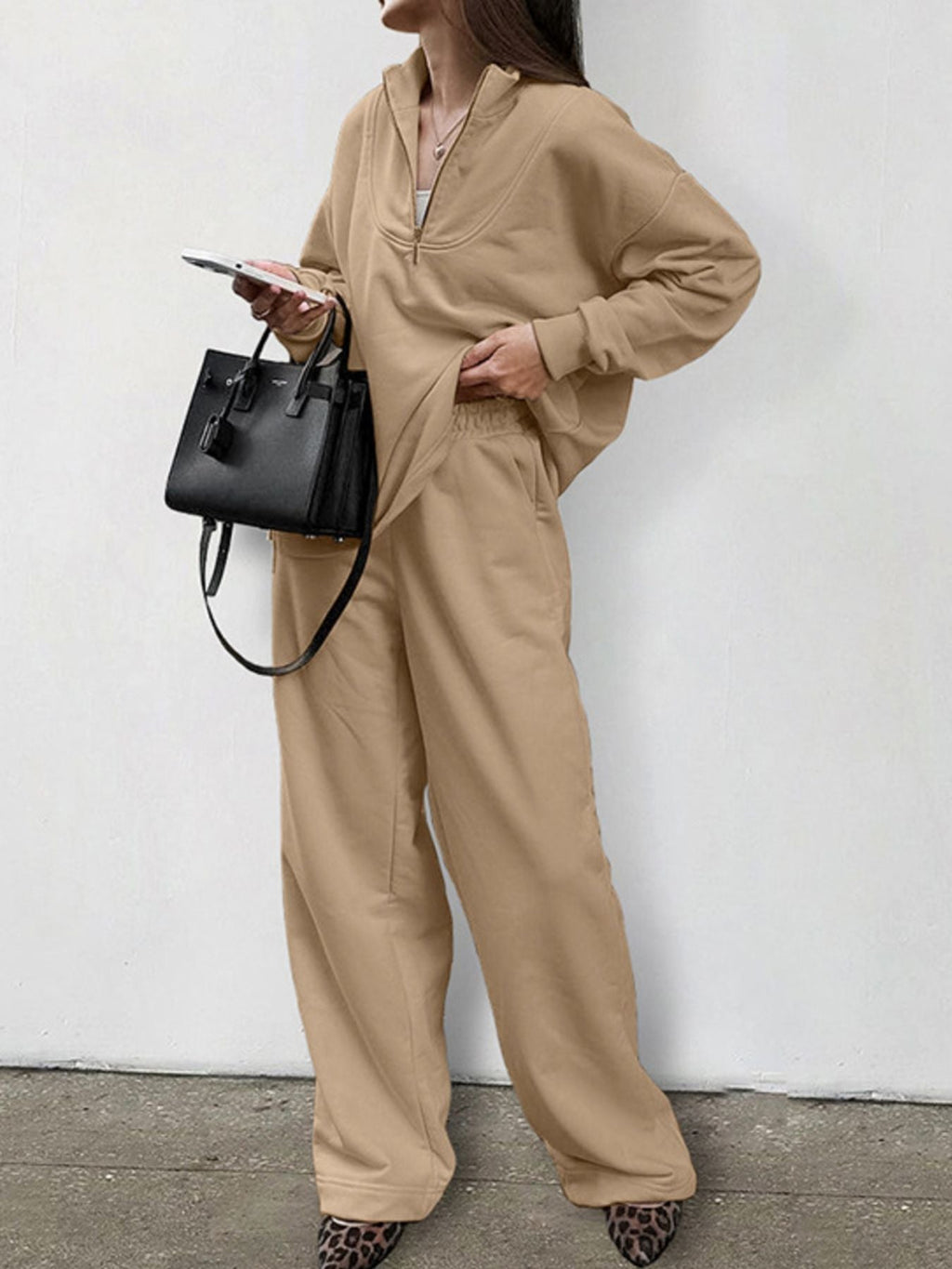Women's Quarter Zip Long Sleeve Top & Wide Leg Pants Set Beige