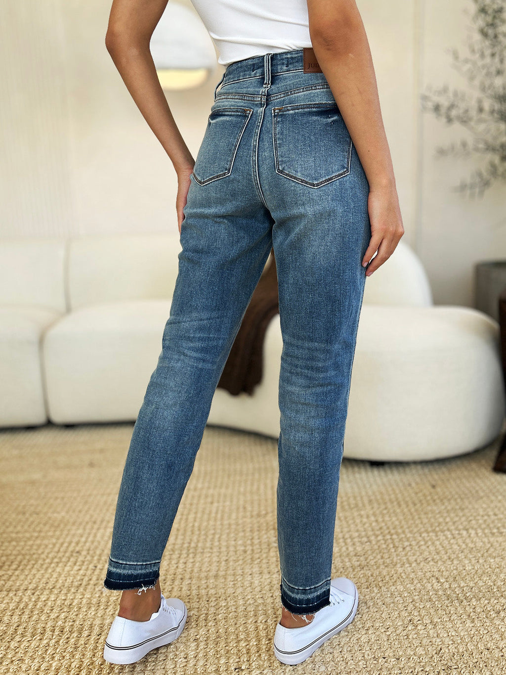 Judy Blue Full Size Mid Rise Rigid Jeans With Magic Release Hem For Women Size Down Friendly