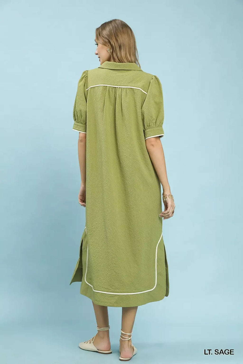 Light Sage Seersucker Midi Dress with Contrast Piping Trim