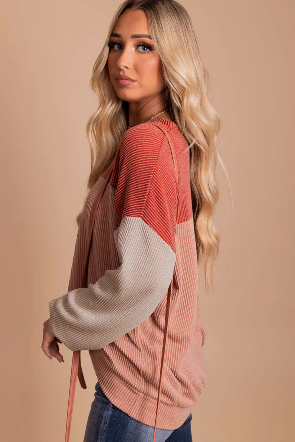 Khaki Color Block Long Sleeve Ribbed Loose Women's Top
