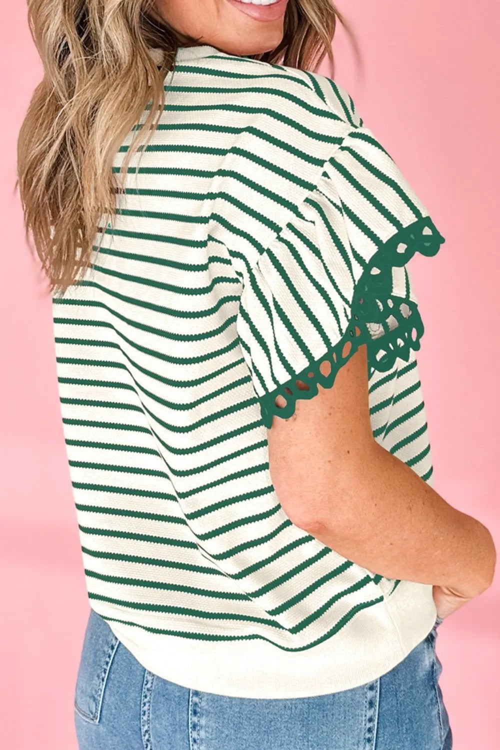 Striped Ruffle Sleeve Round Neck Blouse
