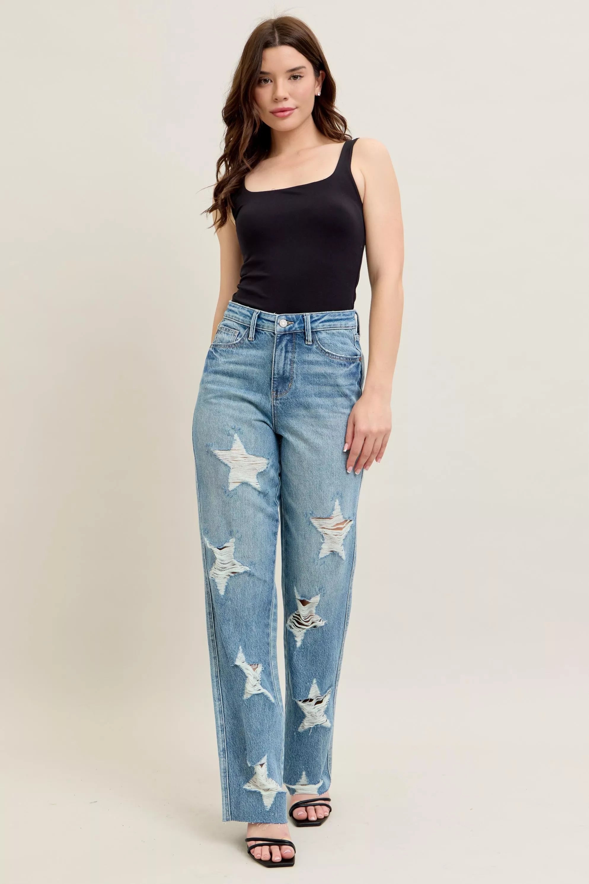 Judy Blue High Waist Rigid Jeans With Edgy Magic Star Destroy Detail 90s Straight Leg Plus Size