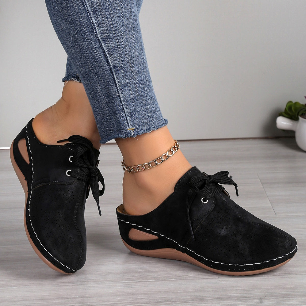 Women's Black Lace-Up Slip-On Mules Casual Comfort Wedge Shoes