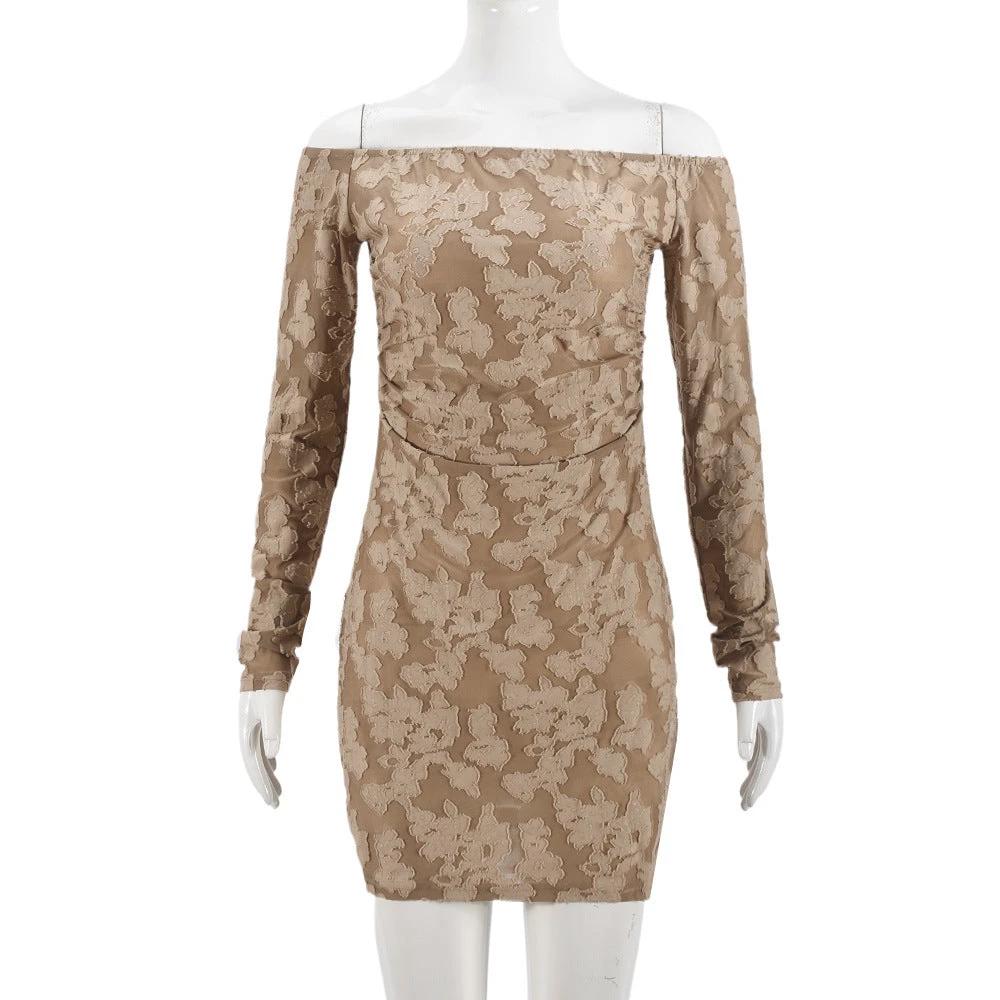 Women's Autumn High Elastic 3D Flower Cutout Backless Off-shoulder Long Sleeve Dress