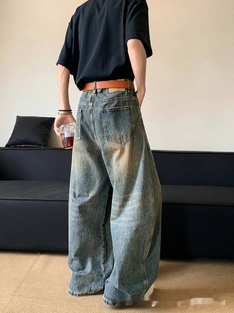 Men's Retro Distressed Machete Denim Slimming Wide-leg Jeans