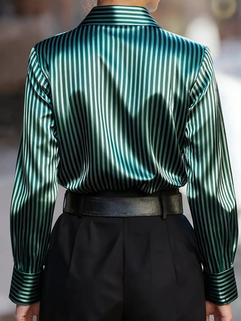 Women's Satin Striped Long Sleeve Button-Down Shirt