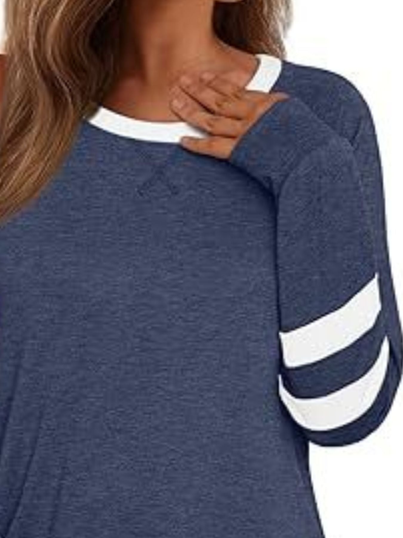 Women's Casual Navy Striped Long Sleeve Round Neck T-Shirt
