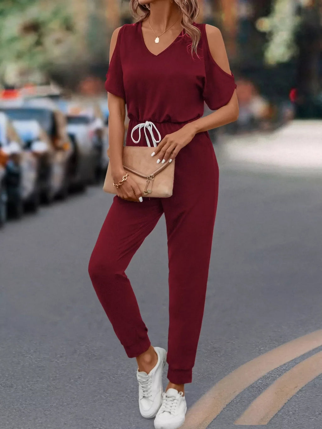 Women's Cold Shoulder V-Neck Jumpsuit – Pocketed Stretch Fit