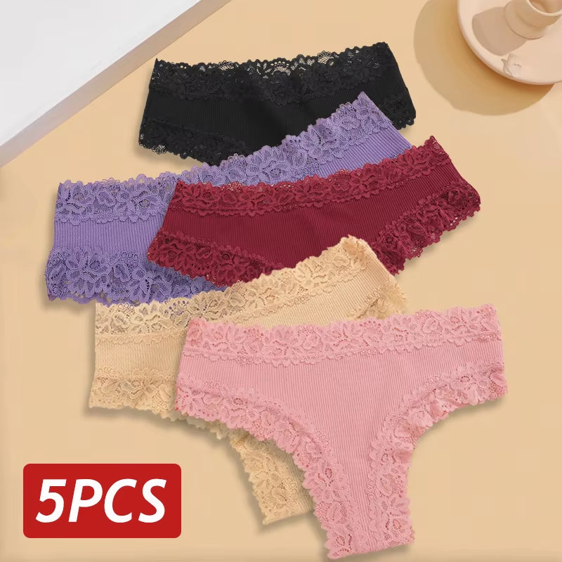5Pcs/Set Women Lace Seamless Cotton Panties Sexy Brazilian Pants Ribbed Breathable Girls Underwear Soft plus Size Lingerie S-XL