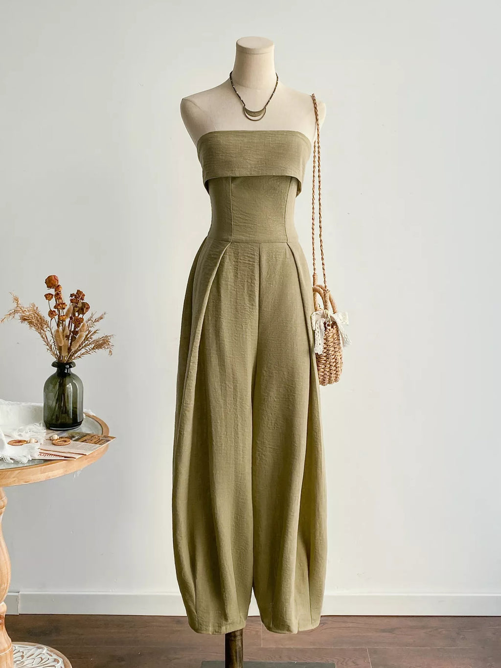 Wide Leg Smocked Jumpsuit - Casual Button Front